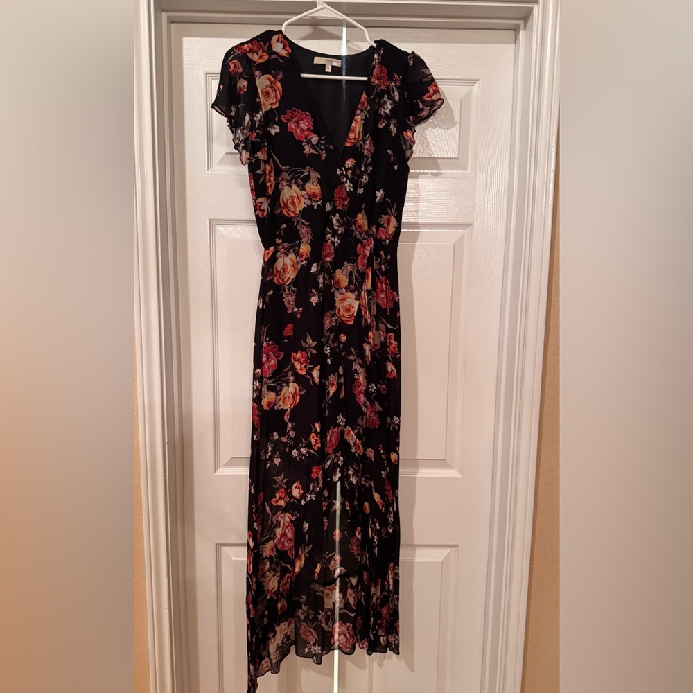 Lavender Brown Black Floral Maxi Dress with Pink and Cream Roses